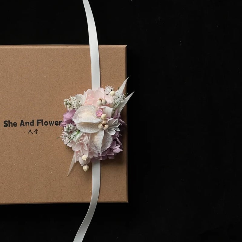 Preserved Flower Corsage & Wrist Bouquet - Pink Purple Hydrangea for Wedding