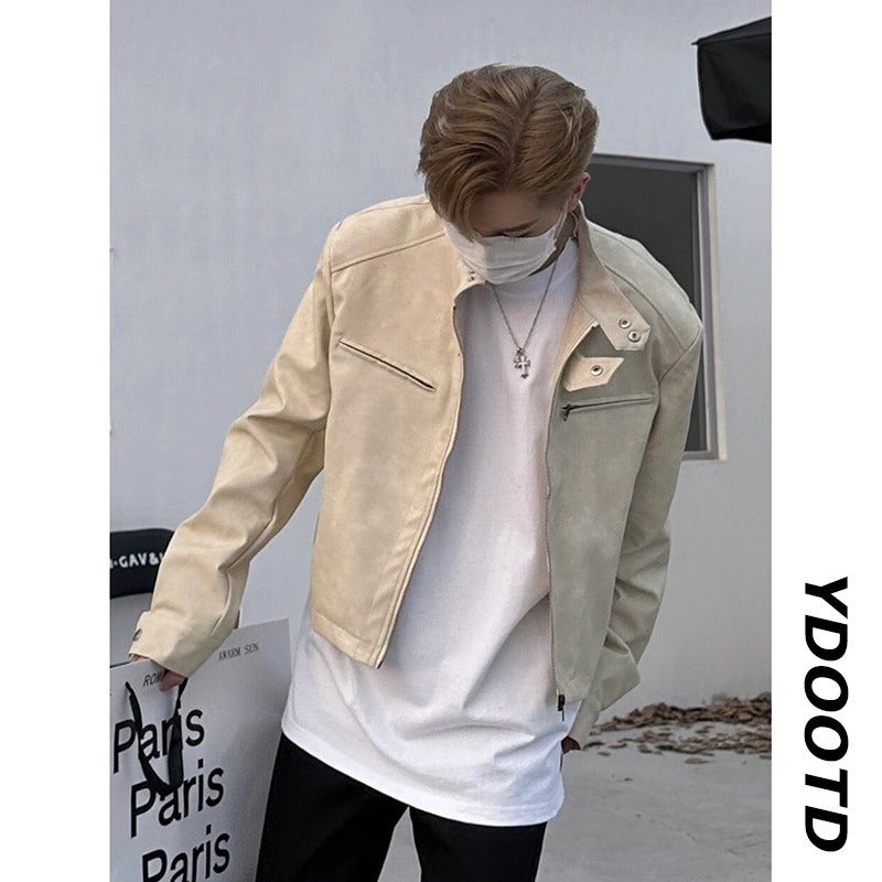 Generic Chic Brown Short Bomber Jacket Retro Moto Leather Apricot