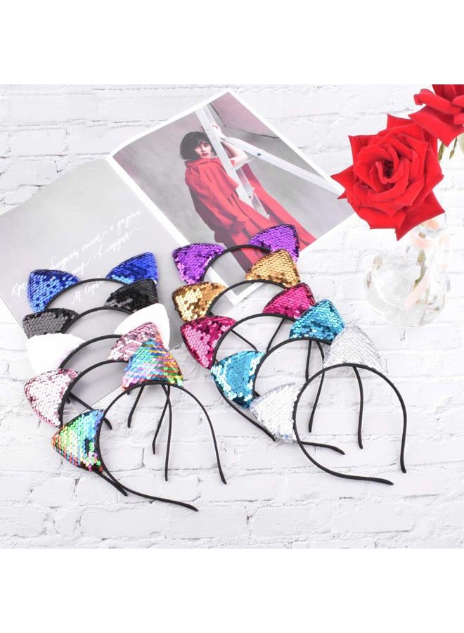 WXJ13 10 Pieces Cat Ears Headbands Reversible Sequins Headbands Hair Accessories for Girls and Women - Image 5