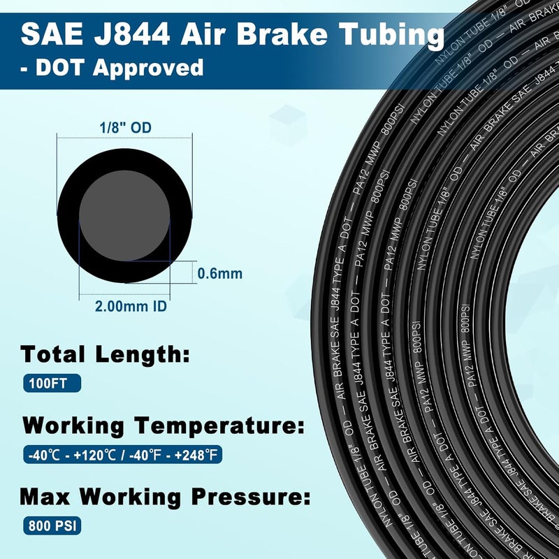 boeray خرطوم هواء نايلون PA12 SAE J844 DOT 1/8 بوصة بطول 100 قدم مع قاطع، أنبوب هواء هوائي بقطر خارجي 1/8 بوصة، معتمد من DOT، خرطوم فرامل هواء 1/8 بوصة لنظام تعليق هوائي للشاحنات والمقطورات ونظام الفرامل ونقل السوائل، 11 مترًا - Image 2