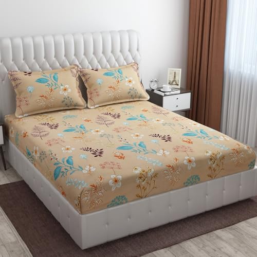 CB HOME Glace Cotton Fitted King Size Bedsheet for Double Bed with 2 Pillow Covers 72x78x8'' All Round Elastic Print-26 (Print 29, Floral & Traditional King (72x78x8)) - Image 1
