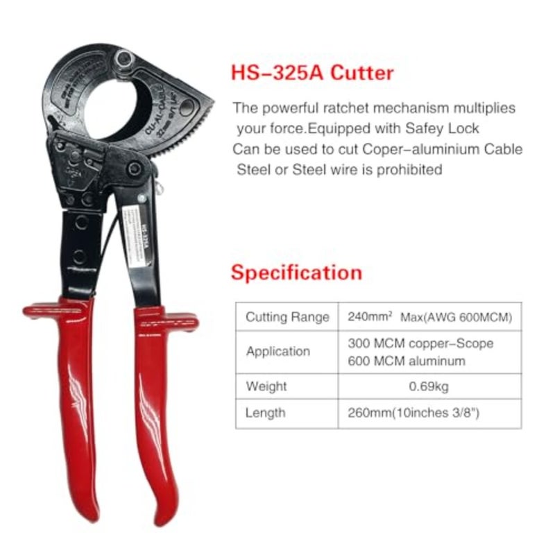 Ratcheting Cable Cutter 1pc for Heavy Duty Electrical Wires, Aluminum/Copper/Multi-core up to 240mm, Forged Steel, Cuts Smoothly, Black/Red, Ergonomic Grip - Image 2