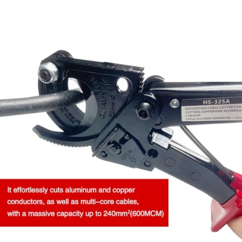 Ratcheting Cable Cutter 1pc for Heavy Duty Electrical Wires, Aluminum/Copper/Multi-core up to 240mm, Forged Steel, Cuts Smoothly, Black/Red, Ergonomic Grip - Image 4
