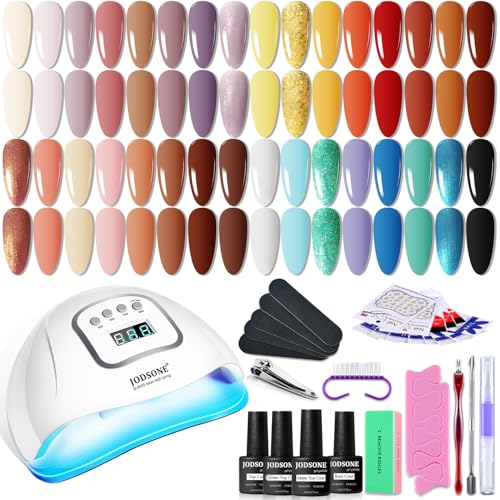 JODSONE 36 Pcs Gel Nail Polish Kit with U V Light of 32 Color Gel Polish Nail Collections Base and Top Glitter Coat Manicure Tools - Image 1