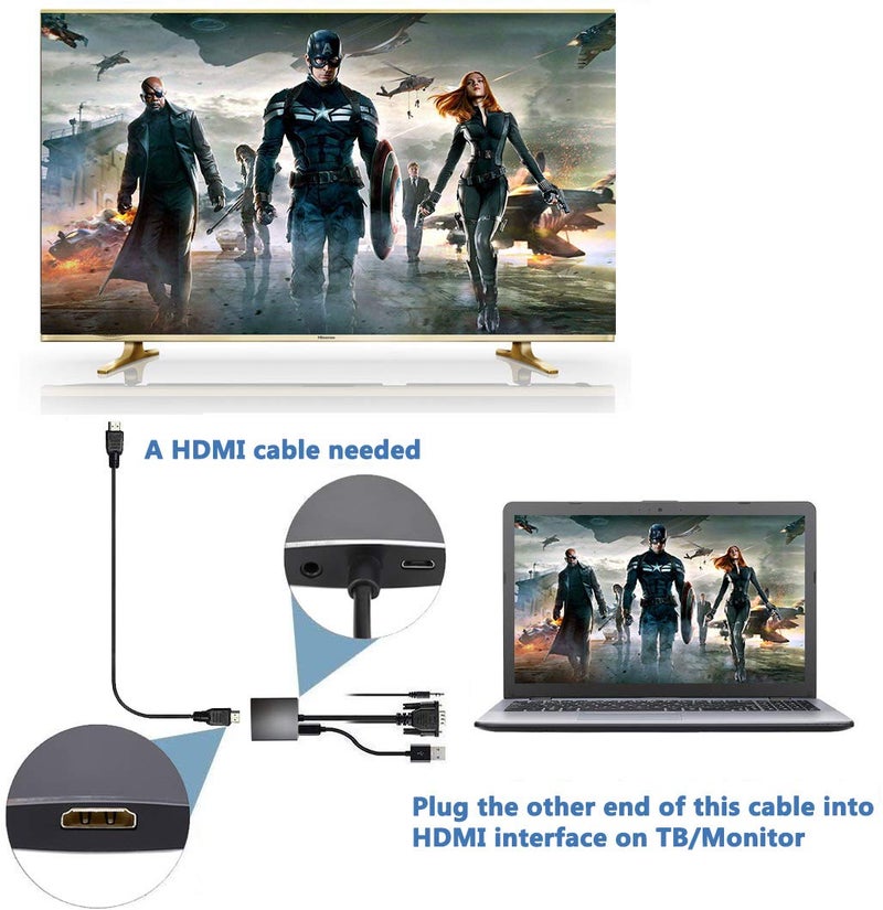 Wonlyus VGA to HDMI Adapter, VGA to HDMI Converter (Male to Female) for Computer, Desktop, Laptop, PC, Monitor, Projector, HDTV with Audio Cable and USB Cable (Aluminum Alloy，Grey) - Image 4
