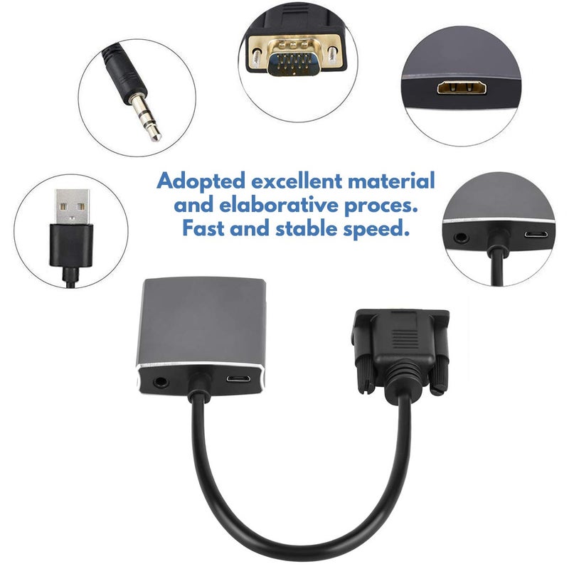 Wonlyus VGA to HDMI Adapter, VGA to HDMI Converter (Male to Female) for Computer, Desktop, Laptop, PC, Monitor, Projector, HDTV with Audio Cable and USB Cable (Aluminum Alloy，Grey) - Image 3