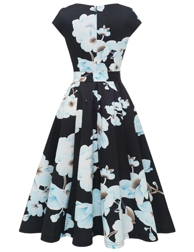 DRESSTELLS Cocktail Womens Floral Dresses for Wedding Guest Semi Formal Spring Summer Easter Modest Church Tea Party Retro Dress Print Black Blue White Flower L - Image 4