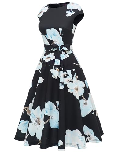 DRESSTELLS Cocktail Womens Floral Dresses for Wedding Guest Semi Formal Spring Summer Easter Modest Church Tea Party Retro Dress Print Black Blue White Flower L - Image 3