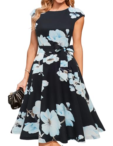 DRESSTELLS Cocktail Womens Floral Dresses for Wedding Guest Semi Formal Spring Summer Easter Modest Church Tea Party Retro Dress Print Black Blue White Flower L - Image 5