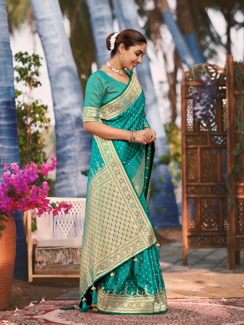 MANOHARI Women's Most Trendy Banarasi Satin Silk Woven Green Saree With Heavy Jacquard Work Saree With Blouse Piece_MN1995 - Image 4