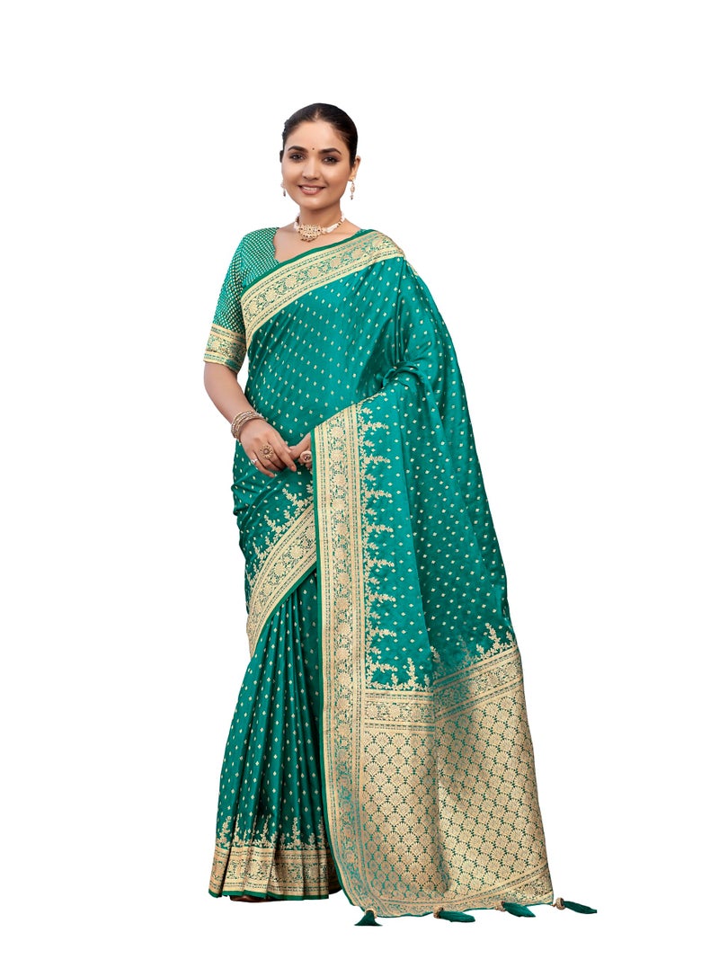 MANOHARI Women's Most Trendy Banarasi Satin Silk Woven Green Saree With Heavy Jacquard Work Saree With Blouse Piece_MN1995 - Image 1