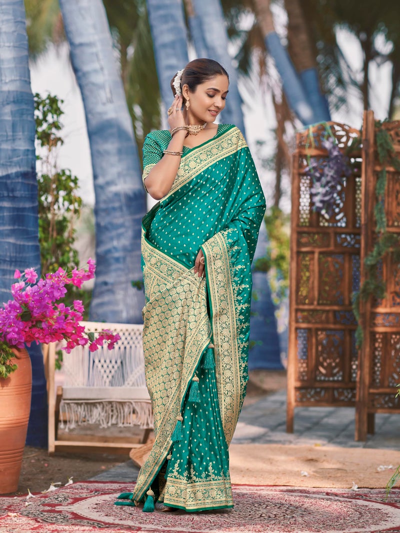 MANOHARI Women's Most Trendy Banarasi Satin Silk Woven Green Saree With Heavy Jacquard Work Saree With Blouse Piece_MN1995 - Image 5