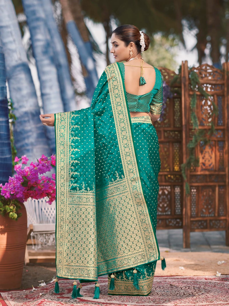 MANOHARI Women's Most Trendy Banarasi Satin Silk Woven Green Saree With Heavy Jacquard Work Saree With Blouse Piece_MN1995 - Image 3