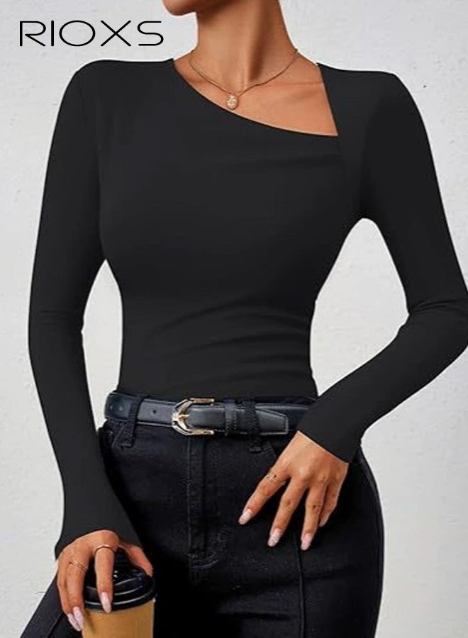 RIOXS Womens Assymmetrical Neck Long Sleeve T Shirts, Casual Spring Fall Slim Fit Ruched Shirts, Fashion Solid Going Out Blouse Crop Tees for Home Yoga Daily Wear - Image 1