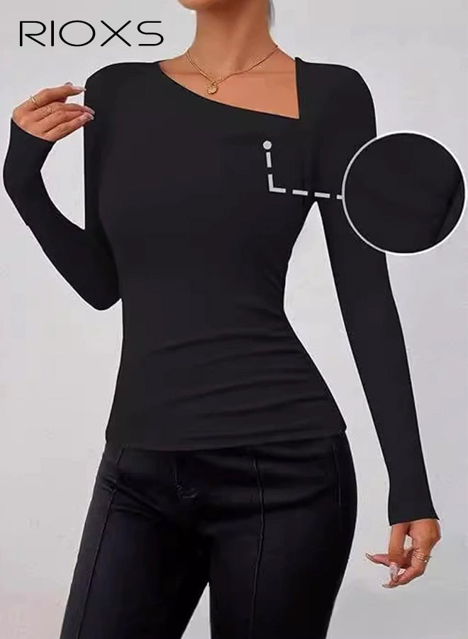 RIOXS Womens Assymmetrical Neck Long Sleeve T Shirts, Casual Spring Fall Slim Fit Ruched Shirts, Fashion Solid Going Out Blouse Crop Tees for Home Yoga Daily Wear - Image 3