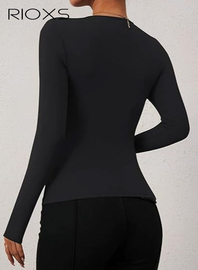RIOXS Womens Assymmetrical Neck Long Sleeve T Shirts, Casual Spring Fall Slim Fit Ruched Shirts, Fashion Solid Going Out Blouse Crop Tees for Home Yoga Daily Wear - Image 2