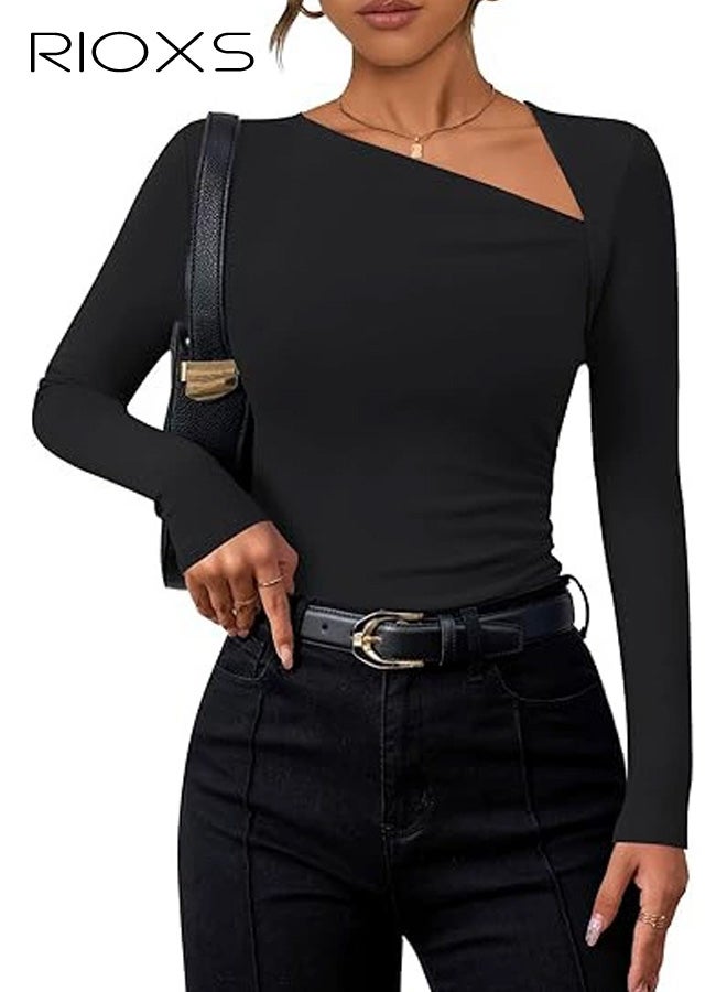 RIOXS Womens Assymmetrical Neck Long Sleeve T Shirts, Casual Spring Fall Slim Fit Ruched Shirts, Fashion Solid Going Out Blouse Crop Tees for Home Yoga Daily Wear - Image 4