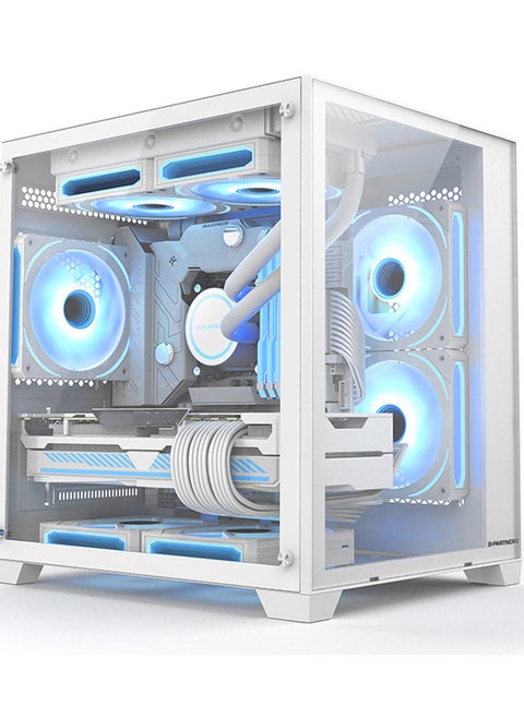 ATX Mid-Tower PC Gaming Case, Full-View Dual Tempered Glass Panel, Wood-Grain Design I/O Interface, Support 4090 GPUs, 240mm Radiator Support, cooling fans not inliclude White