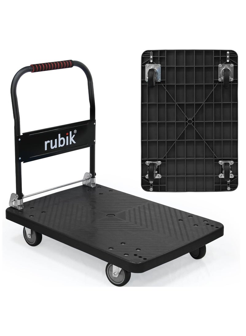 Rubik عربة منصة مسطحة، سعة وزن 400 كجم، 4 عجلات، 2 دوارة 360 درجة، عربة يد قابلة للطي (الحجم، 60x90 سم) سوداء - Image 1