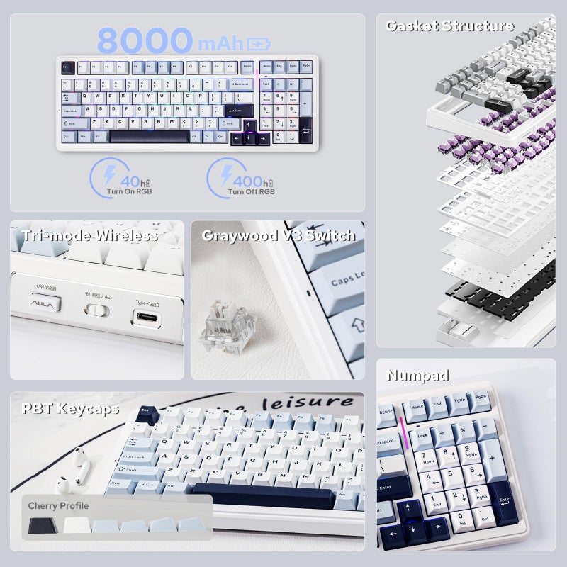 EPOMAKER x AULA F99 Wireless Mechanical Keyboard, Hot Swappable Gasket Custom Gaming Keyboard with Five-Layer Padding, Bluetooth/2.4GHz/USB-C, 8000mAh Battery (White Blue, Graywood V3 Switch) - Image 2