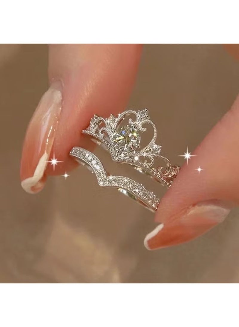 هويتك طقم خاتم تاج وشريط كريستالي أنيق - خاتمان من سبائك الفضة قابلان للتعديل - Image 5