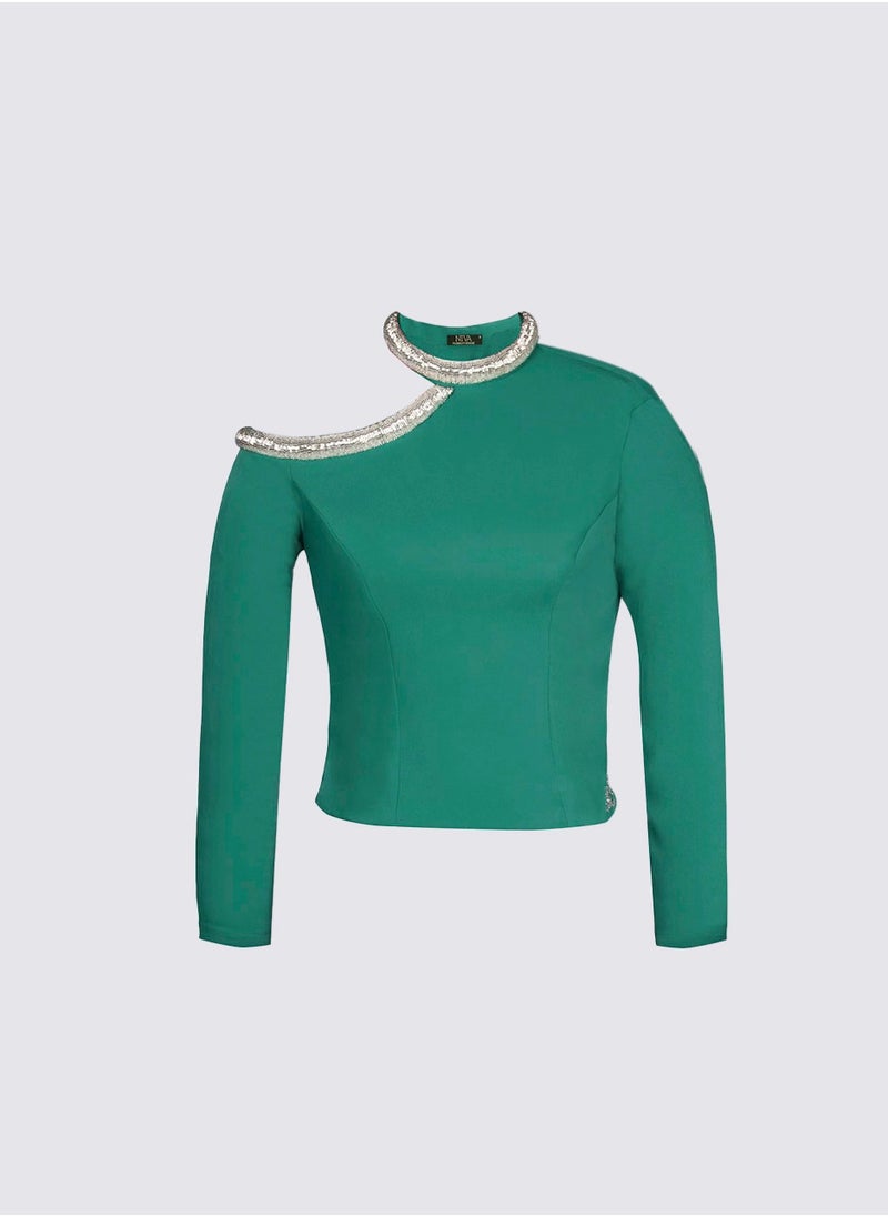 NIVA FASHION HOUSE Moss - Rose Top Shoulder Cut-Out Crepe Top  - Image 1