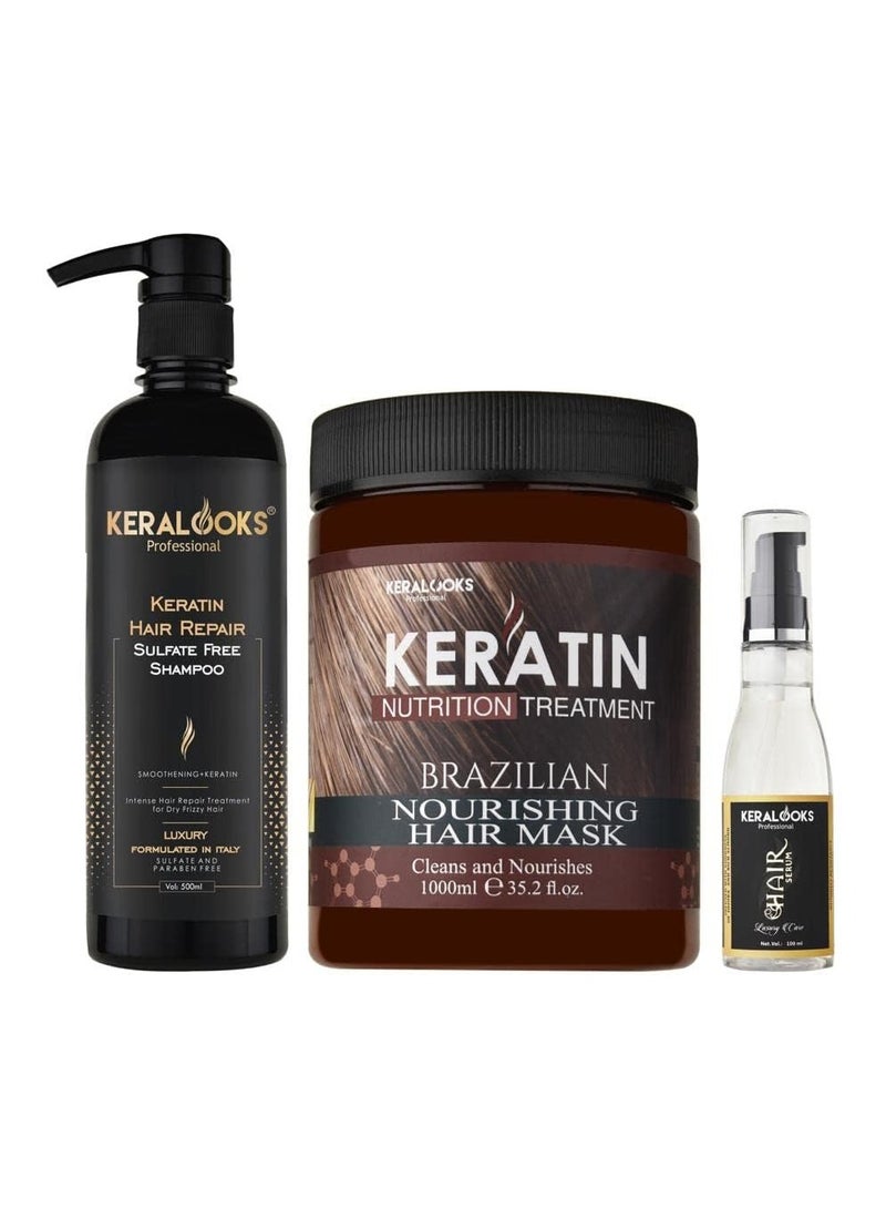 keralooks professional Keralooks professional Keratin Repair Sulphate Free Shampoo 500ml Brazilian Hair Mask 1000ml With Salon Special Hair Serum 100ml Smooth and Chemical treated Hairs. - Image 1