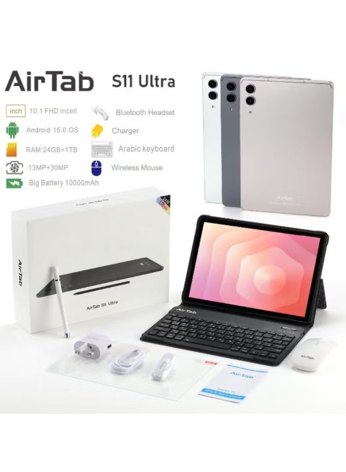 جهاز AirTab S11 Ultra اللوحي (شاشة 10.1 بوصة عالية الدقة، نظام أندرويد 15، ذاكرة وصول عشوائي 24 جيجابايت + سعة تخزين 1 تيرابايت، بطارية 10000 مللي أمبير) أسود