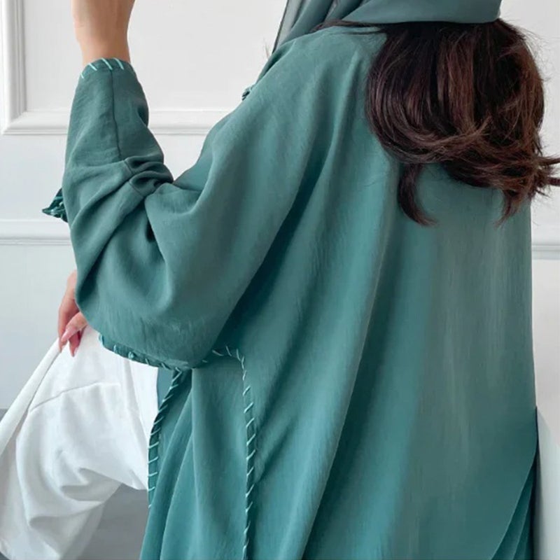 لوريا طقم كارديجان أنيق بأكمام طويلة مع وشاح رأس بمقاسات كبيرة مزين بالدانتيل والتطريز – LR825 - Image 4