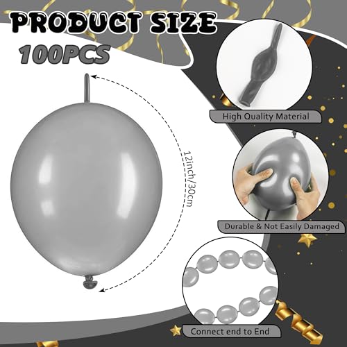 JUSTOTRY Link Balloons 12 Inch 100 Pcs Quick Link Balloon Latex Linking Balloons Connected Linkable Balloon Birthday Wedding Party DecorationsSilver - Image 5
