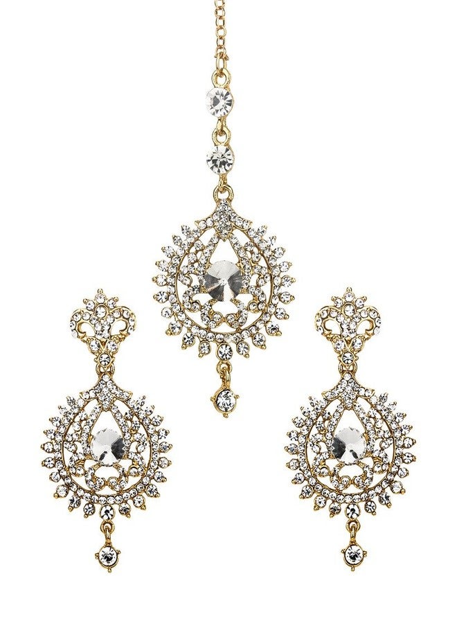 بينداني أقراط هندية ذهبية اللون مرصعة بأحجار الراين، بتصميم دائري متدلي، مع قطعة رأس (مانغ تيكا) للنساء - Image 1