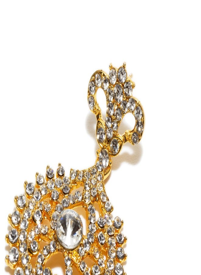 بينداني أقراط هندية ذهبية اللون مرصعة بأحجار الراين، بتصميم دائري متدلي، مع قطعة رأس (مانغ تيكا) للنساء - Image 2