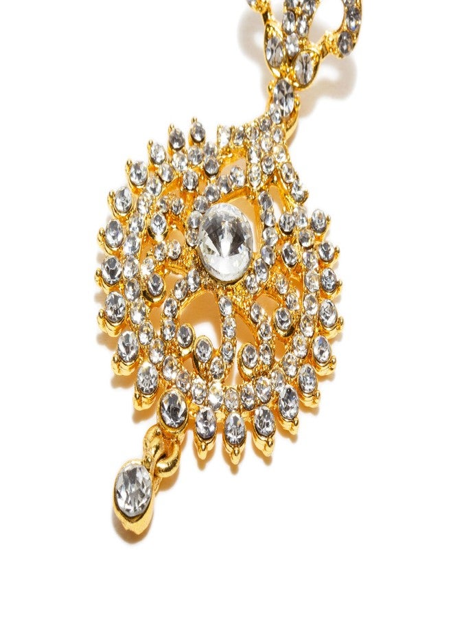 بينداني أقراط هندية ذهبية اللون مرصعة بأحجار الراين، بتصميم دائري متدلي، مع قطعة رأس (مانغ تيكا) للنساء - Image 3