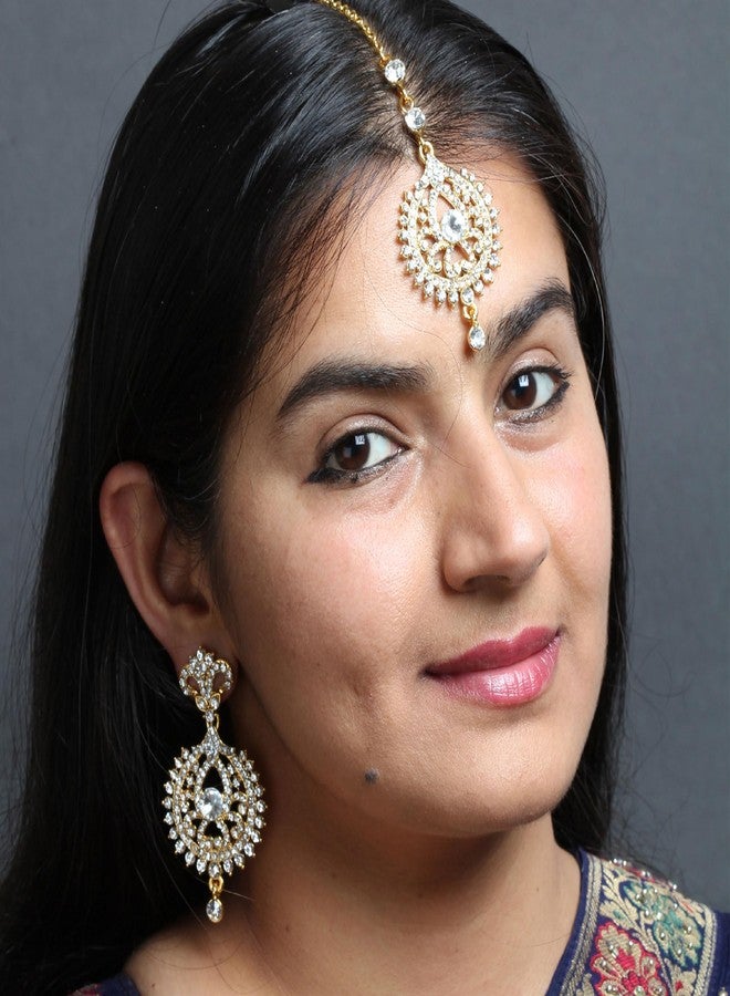 بينداني أقراط هندية ذهبية اللون مرصعة بأحجار الراين، بتصميم دائري متدلي، مع قطعة رأس (مانغ تيكا) للنساء - Image 5