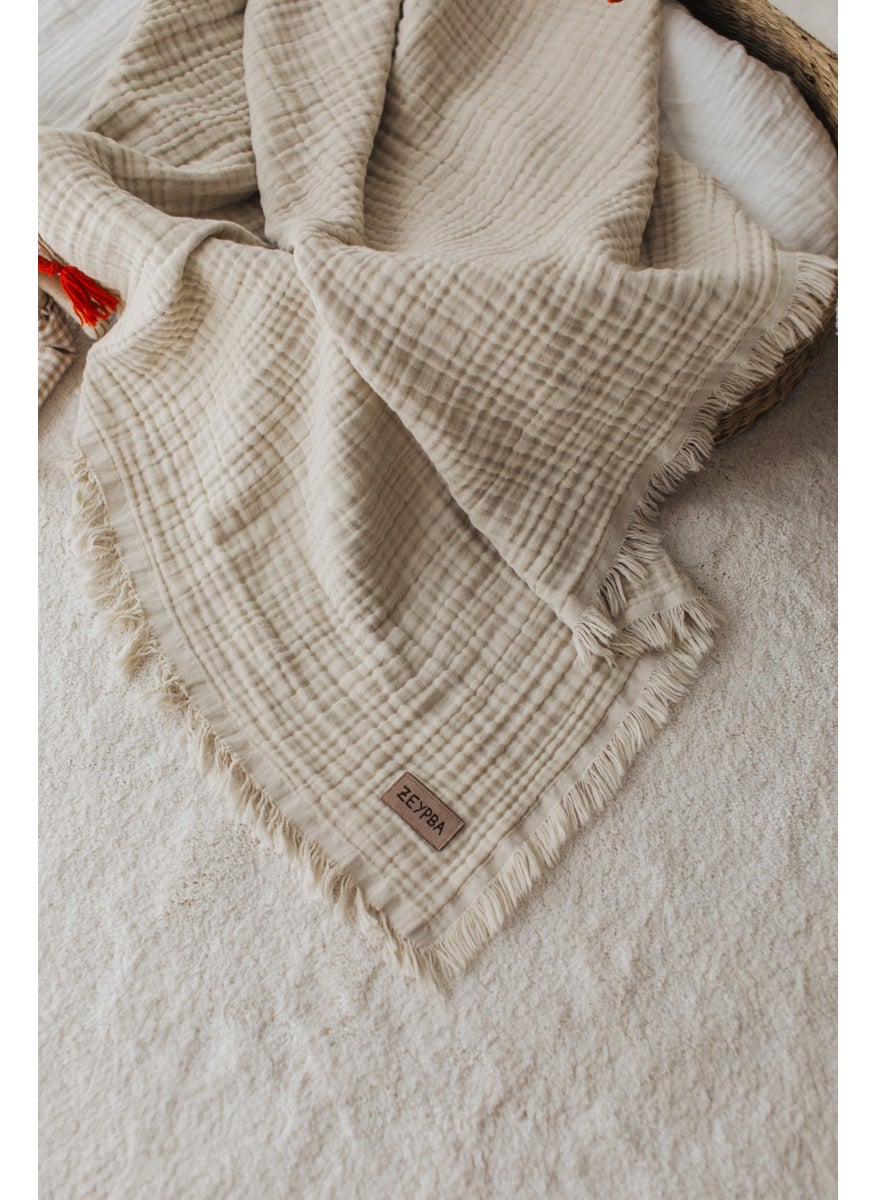 Zeypba 100% Cotton Beige 4 Layer Muslin Baby and Child Blanket 110X110 cm  - Image 1