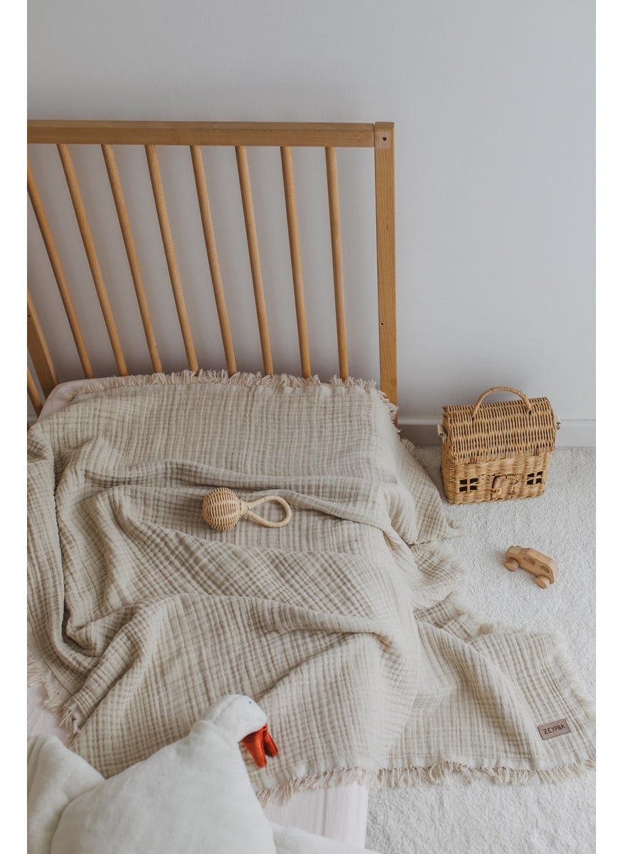 Zeypba 100% Cotton Beige 4 Layer Muslin Baby and Child Blanket 110X110 cm  - Image 3
