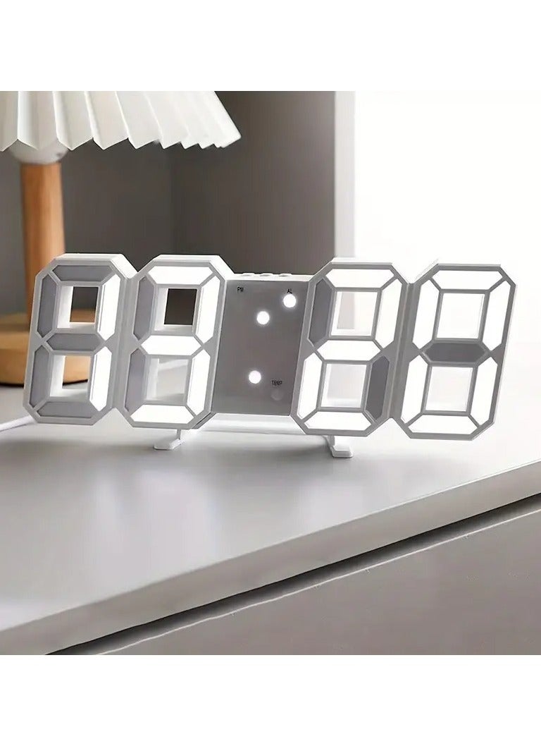 3D LED Digital Alarm Clock Table Wall Modern Alarm Clock Multifunctional Number Time Clock, Brightness Adjustable Temperature Display for Bedroom Office Home (White)