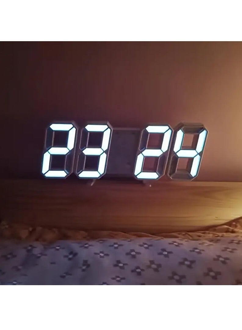 3D LED Digital Alarm Clock Table Wall Modern Alarm Clock Multifunctional Number Time Clock, Brightness Adjustable Temperature Display for Bedroom Office Home (White)