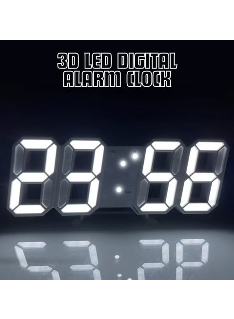 3D LED Digital Alarm Clock Table Wall Modern Alarm Clock Multifunctional Number Time Clock, Brightness Adjustable Temperature Display for Bedroom Office Home (White)