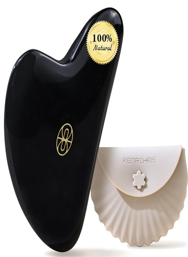 Rena Chris Gua Sha Facial Care Tools, Black Obsidian Gua Sha for Face Massage, Jawline Shaping & Reducing Swelling with Silicone Case Case (Black) - Image 1