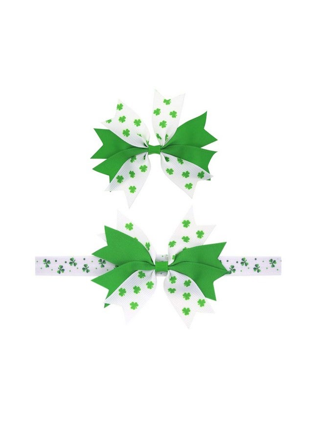 JustMyDress JustMyDress St Patricks Day Baby Girls Ribbon Hairbow Hairband Green Clover Hairpins JHSP02 (Headband HairClips-E)  - Image 1