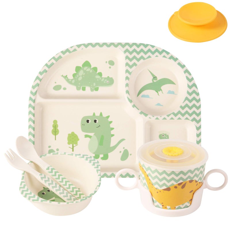 shopwithgreen 7Pcs/Set Bamboo Kids Dinnerware Set - Children Dishes - Food Plate Bowl Cup Spoon Fork Set Dishware, Cartoon Tableware, Dishwasher Safe Kids Healthy Mealtime, BPA Free - Image 1