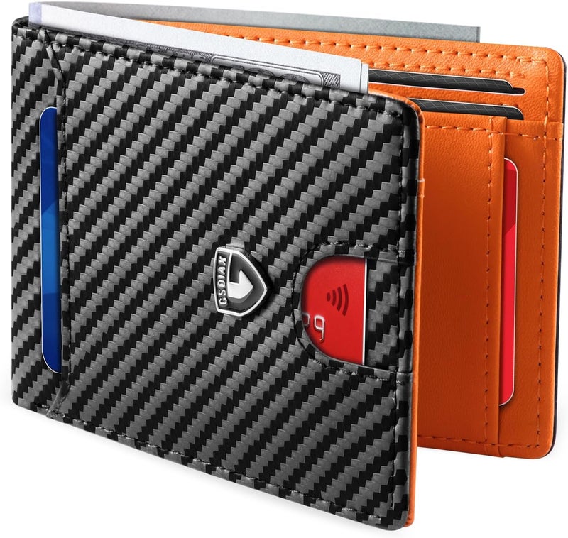 Mens Slim Wallet RFID Blocking Bifold wallets for men Minimalist Genuine Leather Carbon Fiber Card Holder Money Clip Thin Mens with Gift Box, Carbon Black and Orange, Slim