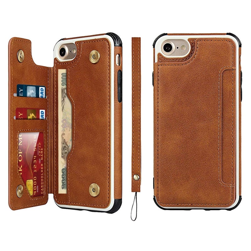 iCoverCase Compatible with iPhone SE(2022)/SE(2020)/7/8/6/6s Wallet Case with Card Slots Holder and Wrist Strap Premium PU Leather Kickstand Magnetic Clasp Shockproof Flip Cover Case (Khaki) - Image 1