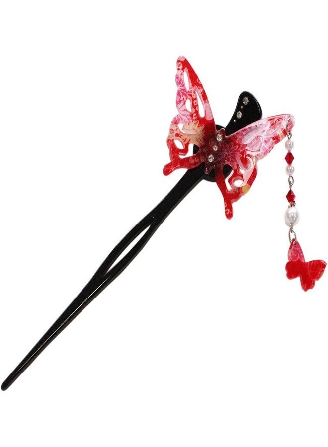 Cocoluck Kanzashi Japanese Chirimen Hair Pin Stick Butterfly Design (Red) - Image 1