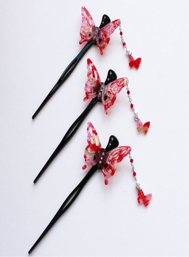 Cocoluck Kanzashi Japanese Chirimen Hair Pin Stick Butterfly Design (Red) - Image 3