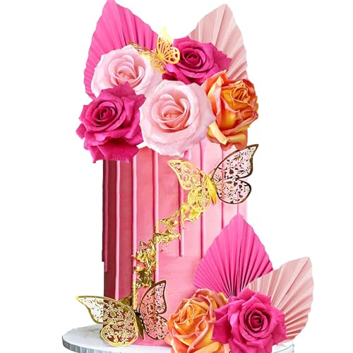 LEFUBABY Boho Cake Topper Flower Palm Leaves Cake Decorations for Bohemian Wedding Baby Shower Birthday Party Supplies Hot Pink - Image 1