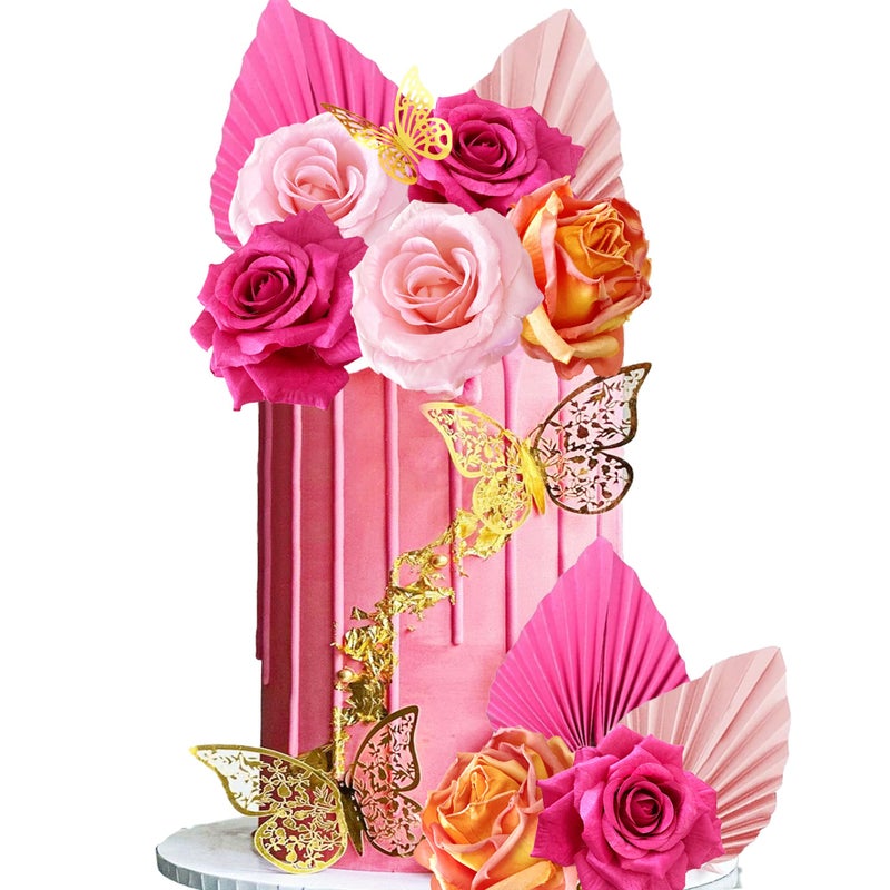 LEFUBABY Boho Cake Topper Flower Palm Leaves Cake Decorations for Bohemian Wedding Baby Shower Birthday Party Supplies Hot Pink - Image 3