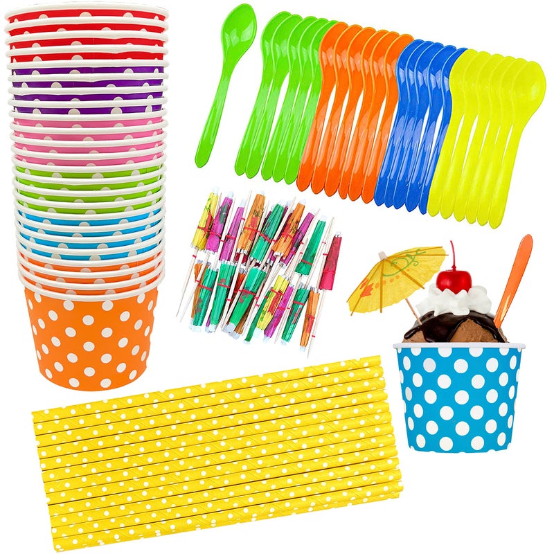 Outside the Box Papers 12 Ounce Disposable Paper Treat Cups Ice Cream Bowls Plastic Spoons  Paper Straws  Ice Cream Sundae Kit for 24  Blue Pink Orange Yellow Green Red Purple