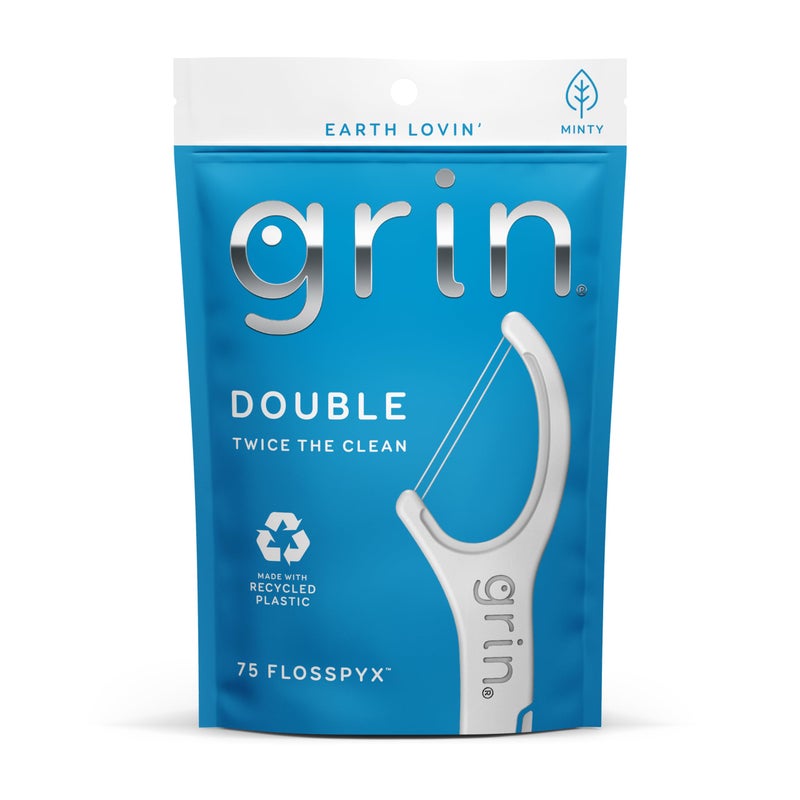 GRIN Double Flosspyx Floss Picks 75 Count Dental Flossers Minty Flavor Recycled Plastic 2 Lines of Strong Floss Longer Floss Head Traps Food and Plaque Includes Safe Soft FoldBack Tooth Pick